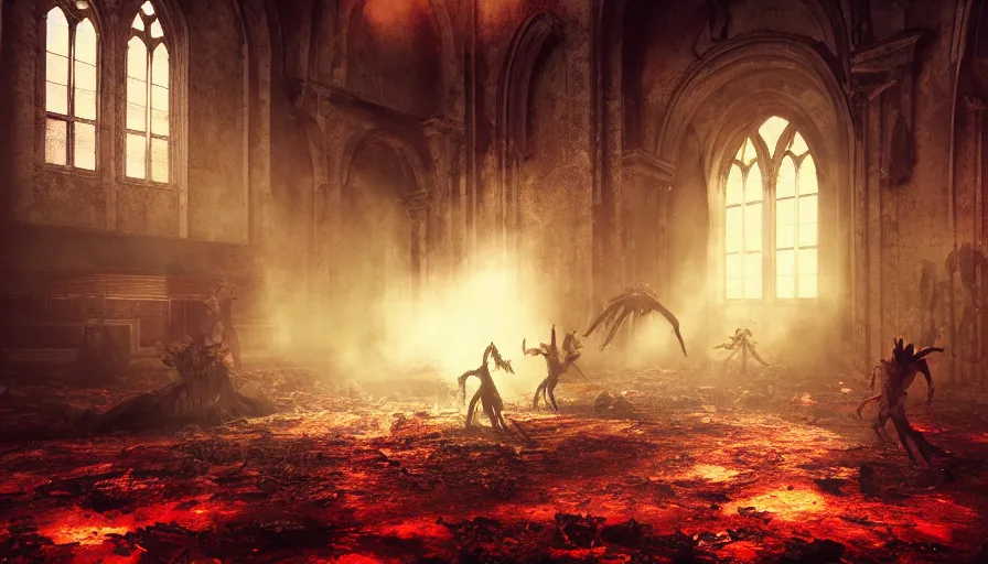 Image similar to hellspawn demonic creatures battle astaroth lovecraftian monsters, in an abandoned church in the vatican, 8 k, soft lighting, hdr, octane render, cinematic, red fluid on walls of the church, smoke, horrific, photorealistic, bokeh