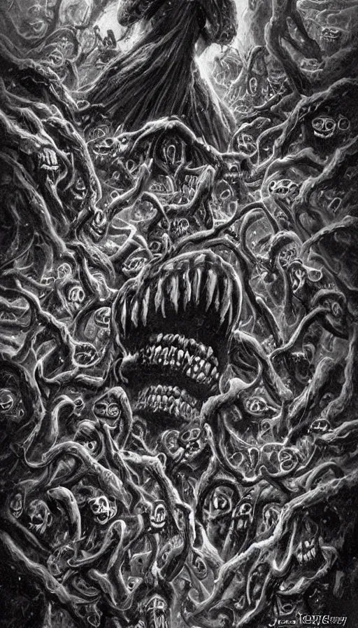 Image similar to a storm vortex made of many demonic eyes and teeth, by james gurney