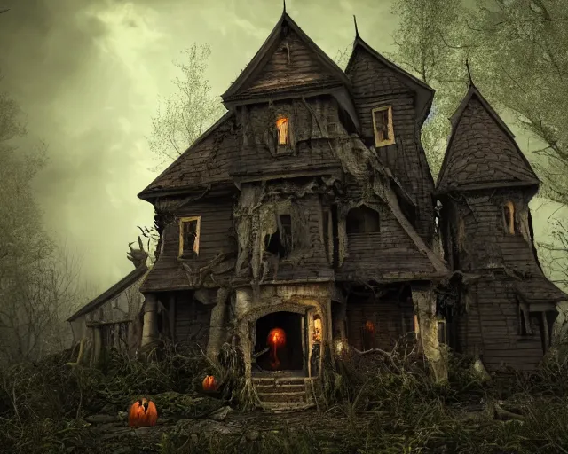 Image similar to the scariest witches house in the scariest dark forest, scary animals, epic scene, dark, scary, horror, frightening, fantasy, cinematic, redshift render, cgi, hyper - detailed, photo - bash, 8 k post - production, masterpiece