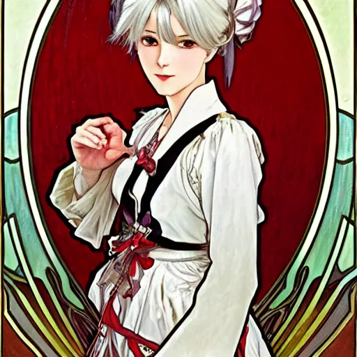 Prompt: Portrait of an anime girl with white hair wearing red gothic lolita dress, oil painting, art by Alphonse Mucha and Shirow Masamune