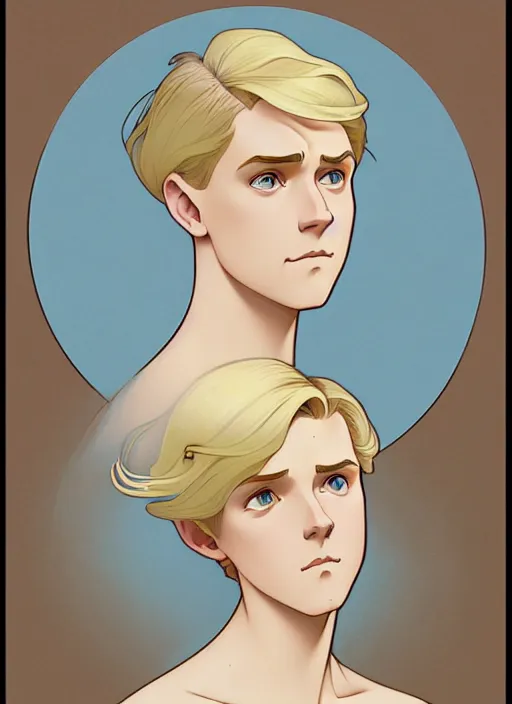 Image similar to art nouveau portrait of a pretty young man with short blond hair, light blue eyes, sad expression, scared, head down, shy and demure, natural lighting, path traced, highly detailed, high quality, cartoon, digital painting, by don bluth and ross tran and studio ghibli and alphonse mucha