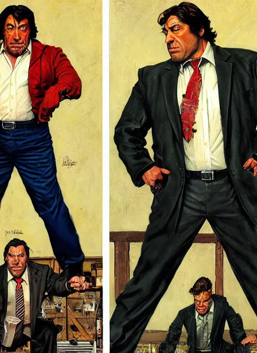 Prompt: full body and head portrait of javier bardem as kingpin, dynamic action, painted by norman rockwell and phil hale and greg staples and tom lovell and frank schoonover and jack kirby