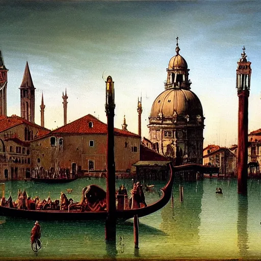 Prompt: beautiful painting of dieselpunk venice with decaying religious monuments alongside mechanical venetian automas in the style of Caspar David Friedrich