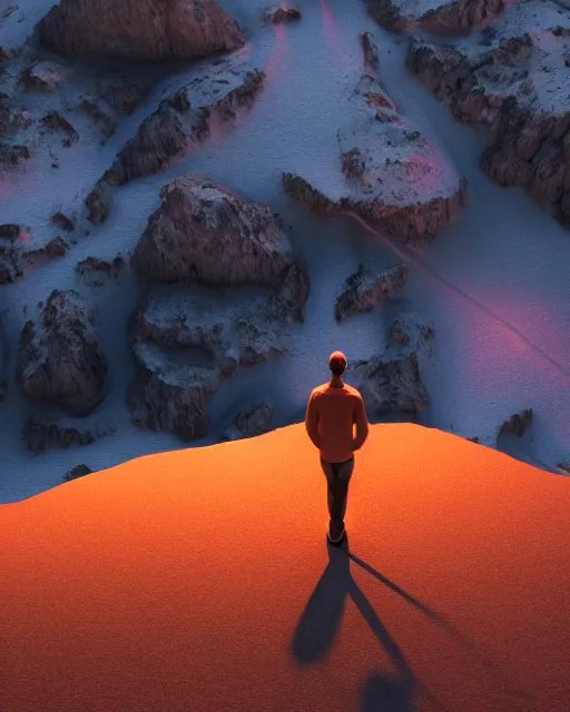 Image similar to a man standing in the middle of a mountain looking at a glowy shape, a render by filip hodas, behance contest winner, environmental art, rendered in cinema 4 d, volumetric lighting