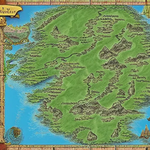 Prompt: detailed fantasy map with mountains rivers and forests tolkinesque style