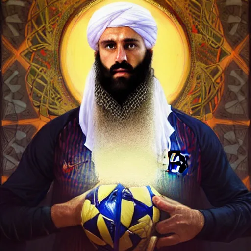 Image similar to Ter Stegen as Osama Bin Laden, Barcelona and Germany goalkeeper, D&D, fantasy, intricate, elegant, highly detailed, digital painting, artstation, concept art, matte, sharp focus, illustration, art by Artgerm and Greg Rutkowski and Alphonse Mucha