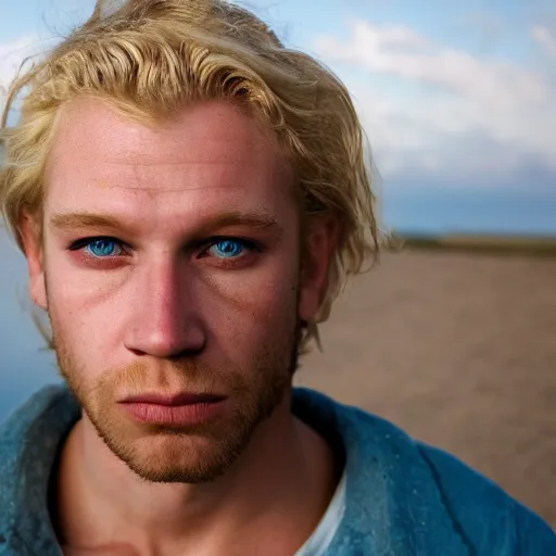 Image similar to color portrait of a very ugly blue eyed blond male by emmanuel lubezki
