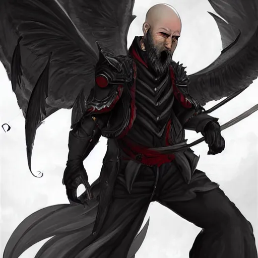 Image similar to full body anime style human with a beard out of fire, in dragon form, bald. fantasy style. very punk / alt aesthetic. wings and tail, a highly detailed, digital painting, artstation, concept art, matte, sharp focus, illustration, art by artgerm and greg rutkowski