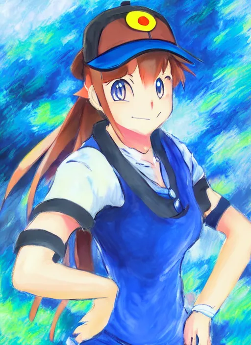 Prompt: a portrait of a female pokemon trainer, blue outfit, very anime in impressionist style, trending artwork, anime painter studio, by claude monet