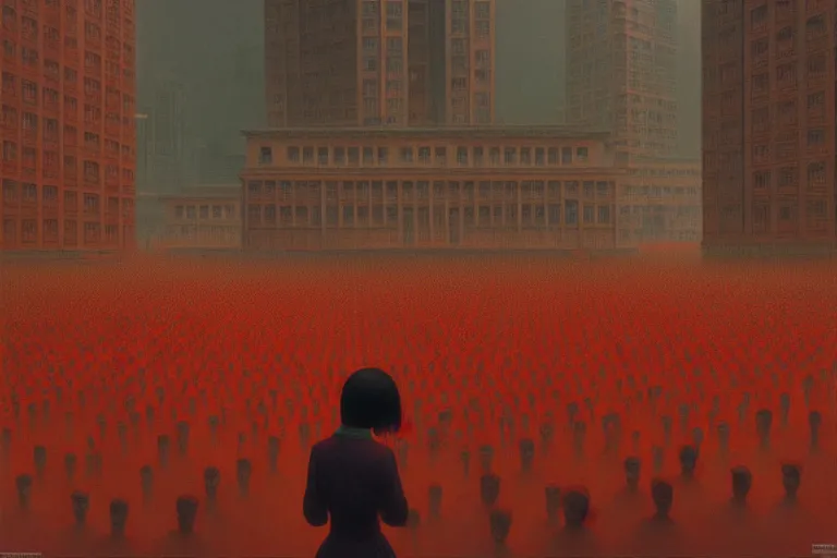 Image similar to top shot of a asian female standing center in the communist city square, crowd surround her, in the style of beksinski, parts by edward hopper, parts by rodcenko, parts by yue minjun, intricate and epic composition, insanely quality, highly detailed, masterpiece, red and yellow light, artstation, 4 k