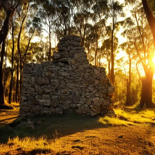 Prompt: Beautiful photo of a interesting ancient stone ruin in an Australian forest, little remaining, golden hour photography, sun hidden, blue sky, trees in the background, wallpaper, 4k