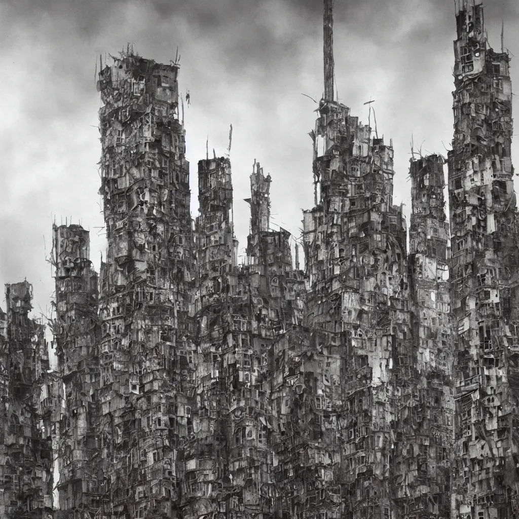 Image similar to tall towers, made up of makeshift squatter housing with faded colours, apocalyptic sky, misty, dystopia, mamiya rb 6 7, fully frontal view, ultra sharp, very detailed, photographed by terry gilliam