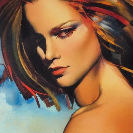 Image similar to photorealistic picture, by bob peak and alex ross, 9 0 s calendar girl, gouache and wash paints, fine details, fine intricate, fine facial proportionate, fine body proportionate, smooth sharp focus, sharp focus