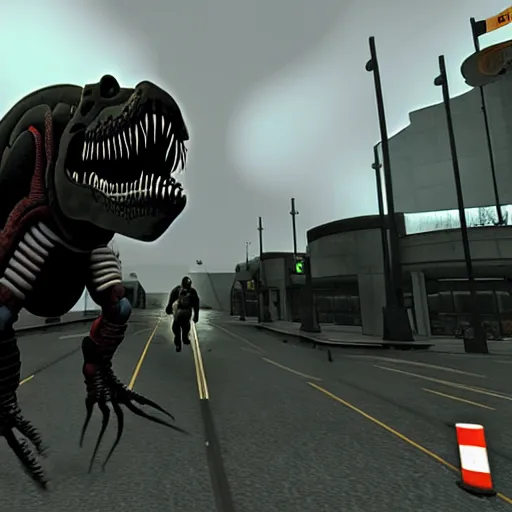 Prompt: a guard riding a t-rex in Half-Life 2