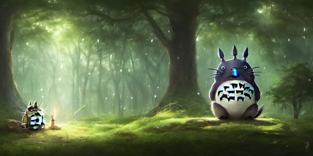 Image similar to Totoro sitting in a forest, fantasy, pixar,, high detail, god rays, painting by greg rutkowski, deviantart, trending on artstation, artstationHD, artstationHQ