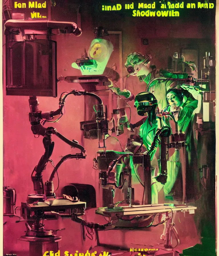 Image similar to a female mad scientist building a robot man, in a darkly lit laboratory room, 1 9 5 0 s horror movie poster style, norman rockwell oil painting, tight shot, close - up shot, retro science fiction, vintage, saturated pink and green lighting, shadowy lighting, cohesive