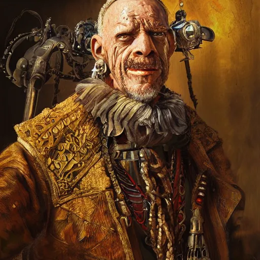 Image similar to portrait, headshot, digital painting, of a old 17th century, old cyborg merchant, amber jewels, baroque, ornate clothing, scifi, realistic, hyperdetailed, chiaroscuro, concept art, art by Franz Hals and Jon Foster