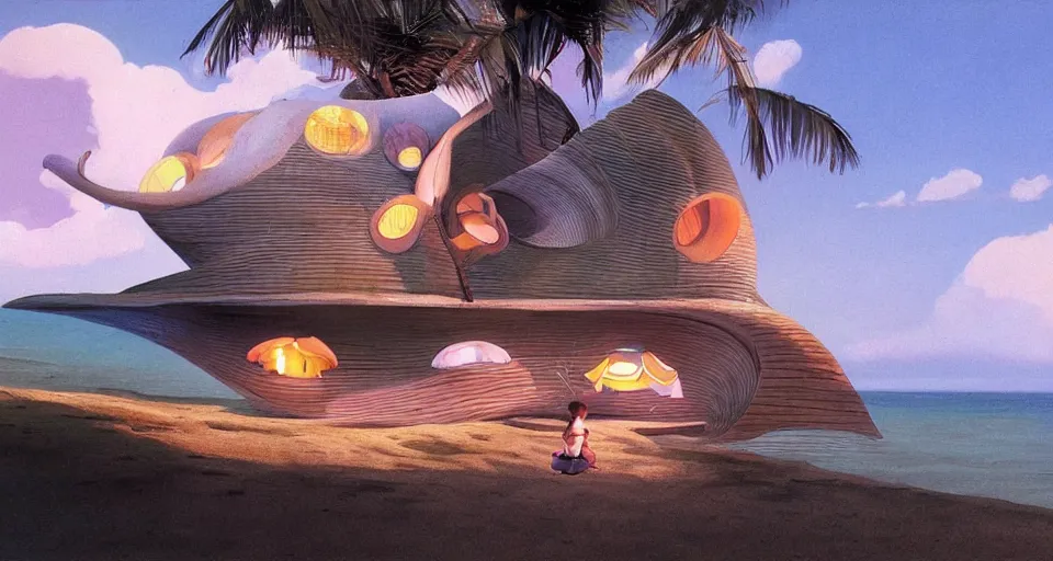 Image similar to seashell house where a little girl lives, atmospheric cinematography by syd mead and emmanuel lubezki