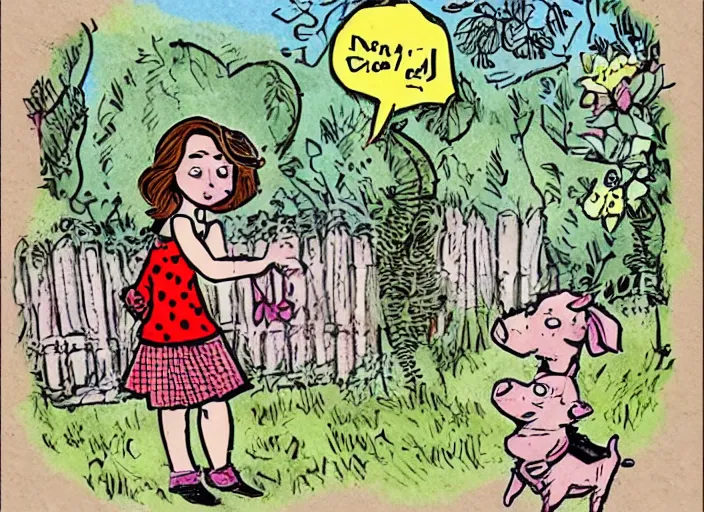 Image similar to antifa girl and a piglet and a duchess and a baby dalmatian hanging out in a garden. vintage comic style drawing