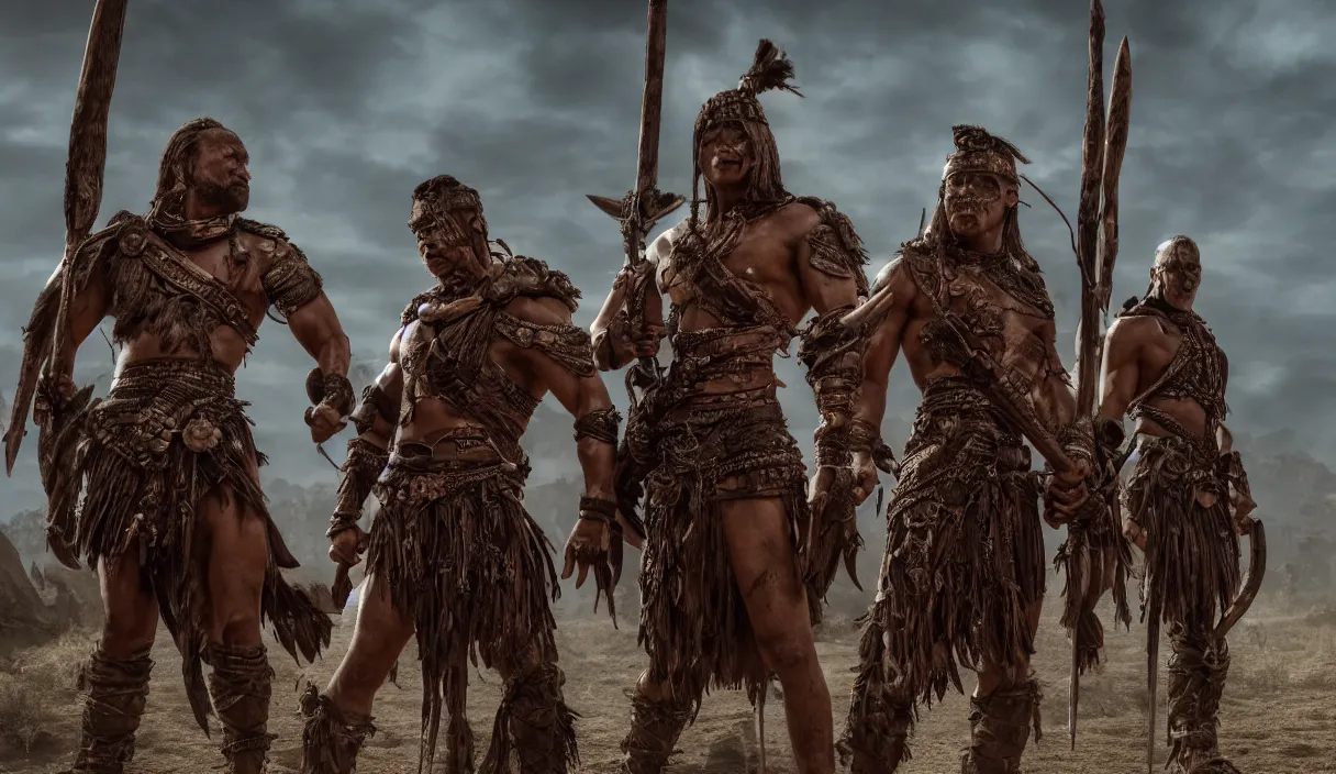 Prompt: two ancient tribesman with futuristic weapons standing in front of barbarian horde, handsome symmetrical faces, muscular bodies, dramatic lighting, cinematic, establishing shot, extremely high detail, photorealistic, 300 the movie,monster hunter the movie, monster hunter, cinematic lighting, artstation, octane render, western,old photo, vintage