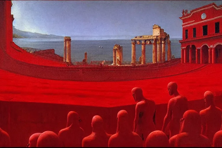 Image similar to only with red, a red great emperor, taormina amphitheatre, expressive crowd hails him, in the style of beksinski, parts by edward hopper, parts by rodcenko, parts by yue minjun, intricate and epic composition, red by caravaggio, insanely quality, highly detailed, masterpiece, red light, artstation, 4 k