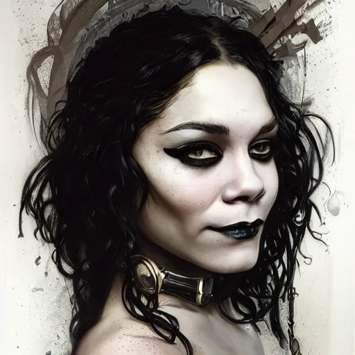 Image similar to beautiful portrait of vanessa hudgens as death from sandman, smiling, by cedric peyravernay, alphonse mucha, by jeremy mann, by lecouffe deharme, goth chic, soft lightning, eyeliner, punk rock, high detailed, 8 k