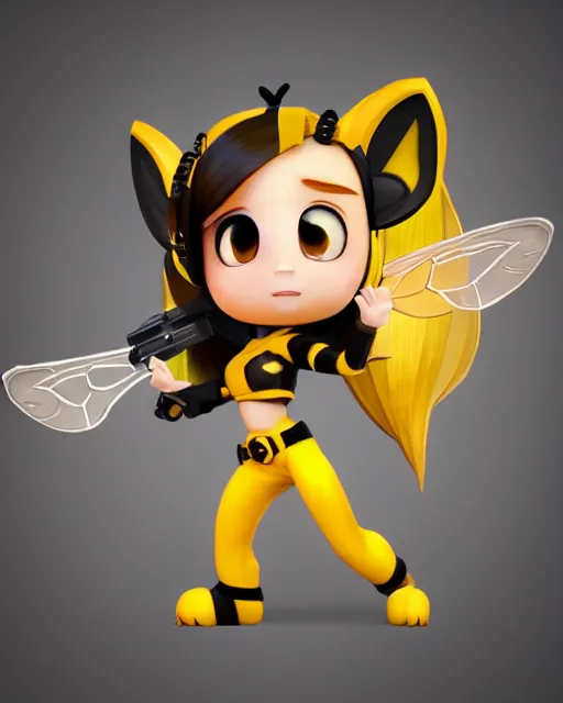 Image similar to female bumblebee mini cute style, highly detailed, rendered, ray - tracing, cgi animated, 3 d demo reel avatar, style of maple story and zootopia, maple story gun bumblebee girl, bee chibi, soft shade, soft lighting