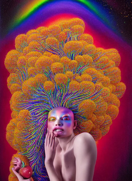 Prompt: hyper detailed 3d render like a chiaroscuro Oil painting - Aurora (metallic iridescent rainbow faced goddess) seen Eating of the Strangling network of yellowcake aerochrome and milky Fruit and Her delicate Hands hold of gossamer polyp blossoms bring iridescent fungal flowers whose spores black out the foolish stars by Jacek Yerka, Mariusz Lewandowski, Houdini algorithmic generative render, Abstract brush strokes, Masterpiece, Edward Hopper and James Gilleard, Zdzislaw Beksinski, Mark Ryden, Wolfgang Lettl, hints of Yayoi Kasuma, octane render, 8k