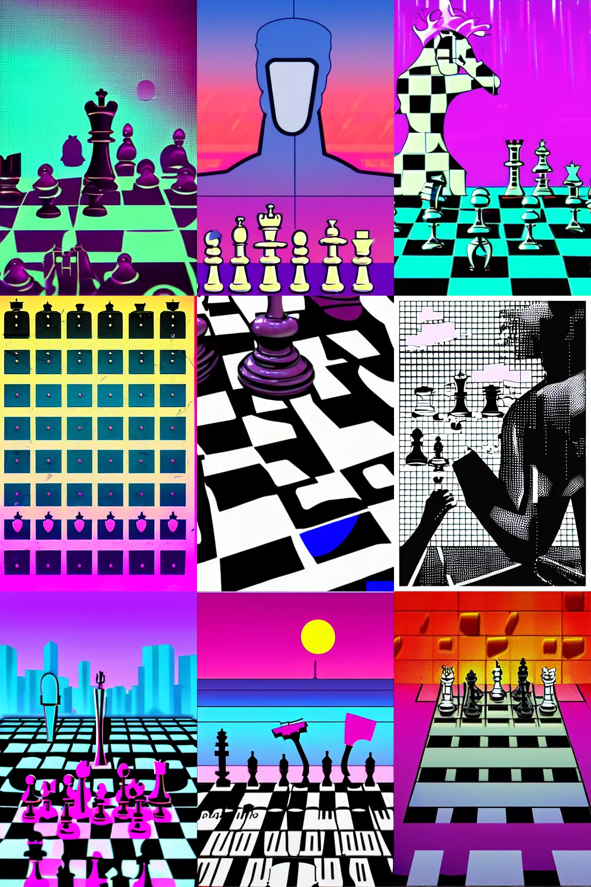 Prompt: surreal chess, 80s style synthwave, lofi colors