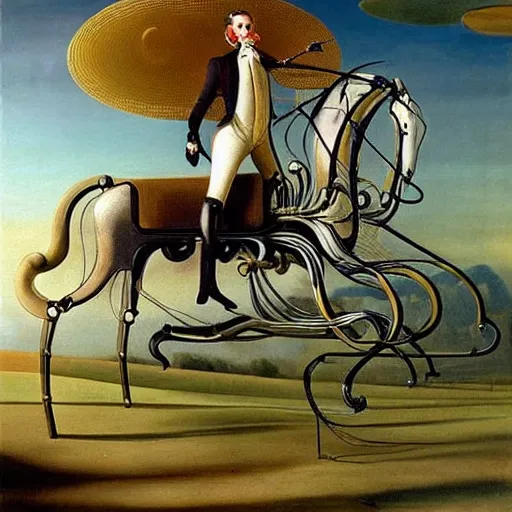 Image similar to an a gentleman in a top hat riding an extremely long and spindly mechanical horse in a futuristic!!! victorian city, oil painting, style of salvador dali and richard dadd!!!!, rococo lots of plants and flowers