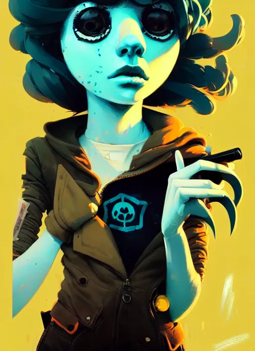 Image similar to highly detailed portrait of a moody sewerpunk young adult muppet lady by atey ghailan, by greg rutkowski, by greg, tocchini, by james gilleard, by joe fenton, by kaethe butcher, gradient yellow, black, brown and cyan color scheme, grunge aesthetic!!! ( ( graffiti tag city background ) )