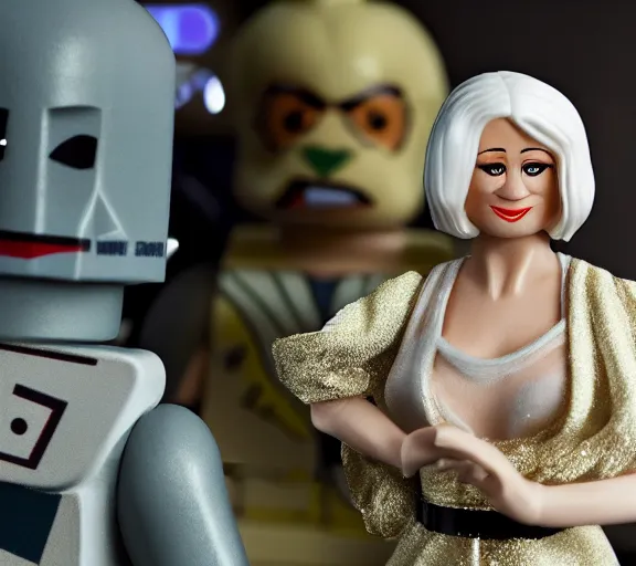 Image similar to Helen Mirren as a cartoon character in Lego Star Wars; f/1.4; 90mm