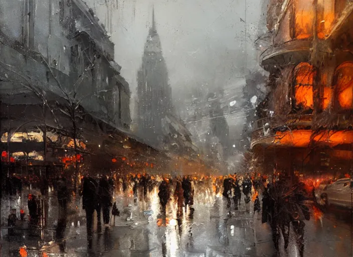 Image similar to a cityscape in winter painted by jeremy mann, street - level, dripping oil paint, thick brushstrokes, abstracted painterly techniques, high resolution