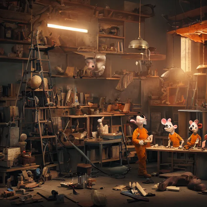 Prompt: crew of workers building giant mouse - prop - head in quaint workshop, octane render, 4 k ultra hd, hyper - detailed, realistic, seedy lighting, sharp focus, in style of beeple