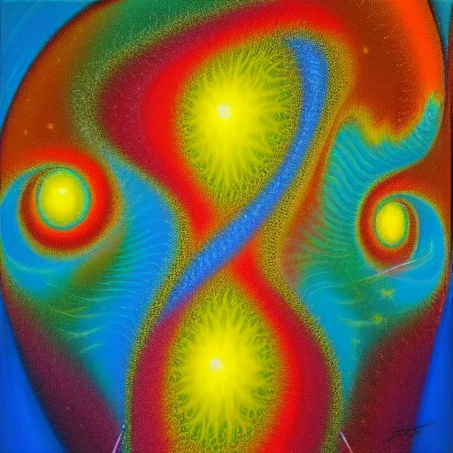 Image similar to love and the first law of thermodynamics, oil painting, fractal, vivid, psychedelic