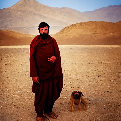 Image similar to portrait of matt christman as afghan man, green eyes and red scarf looking intently, photograph by steve mccurry
