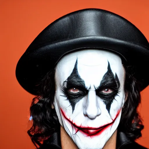 Image similar to a male model wearing a black leather hat in joker makeup, frontal view, cool looking