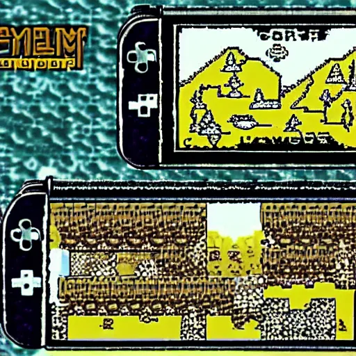 Image similar to Skyrim as a Gameboy color game, displayed on an old Gameboy