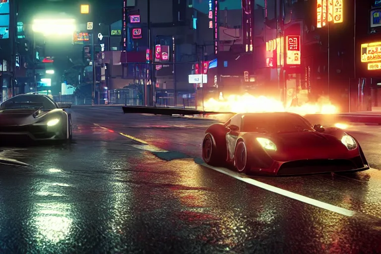 Image similar to tokyo drift fast and furious film still, racing on wet city street, gta 5, hyper detailed, forza, smooth, need for speed, high contrast, volumetric lighting, octane, george miller, jim lee, comic book, ridley scott