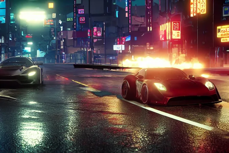 prompthunt: tokyo drift fast and furious film still, racing on wet city  street at night, hyper detailed, forza, smooth, need for speed, high  contrast, volumetric lighting, synthwave, octane, george miller, jim lee