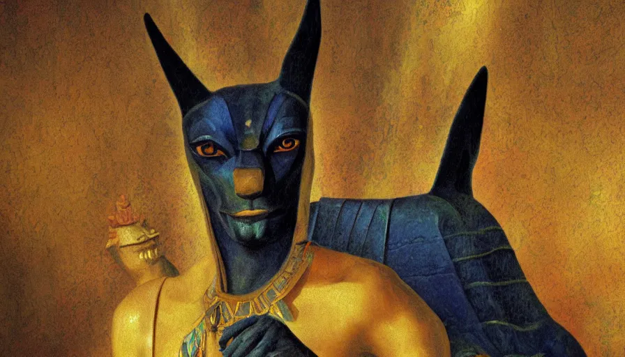 Prompt: anubis by miguel angel, oil painting, classical painting, digital art, vivid colors, sharp focus, restored