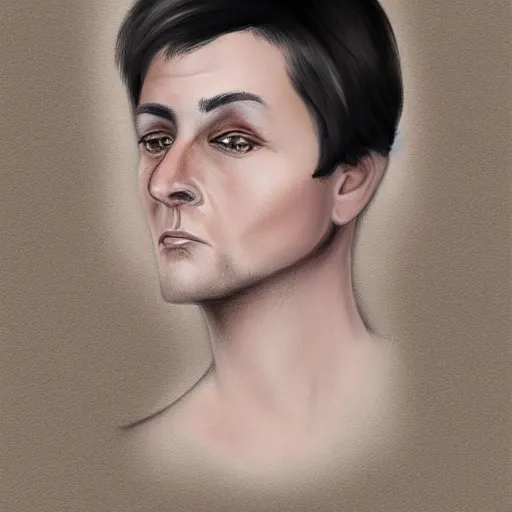 Prompt: a digital portrait of a 35 year old with black hair,hazel green eyes, drawn in the style of mark Arian