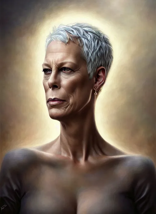 Image similar to jamie lee curtis an angel, aesthetic, fine art, intricate, elegant, highly detailed, realistic hair, centered, digital painting, art station, conceptual art, soft, sharp focus, illustration, artwork, artgerm, tomasz alen kopera, peter mohrbacher, donato giancola, wlop, boris vallejo