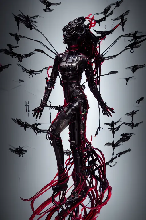 Prompt: full-body cyberpunk style sculpture of a young beautiful dark priestess, half android with a head opening exposing circuitry, glowing red eyes, black roses, flowing blood red colored silk, fabric, candles. baroque elements, human skull. full length view. baroque element. intricate artwork by caravaggio. crows flying in background. Trending on artstation, octane render, cinematic lighting from the right, hyper realism, octane render, 8k, depth of field, 3D