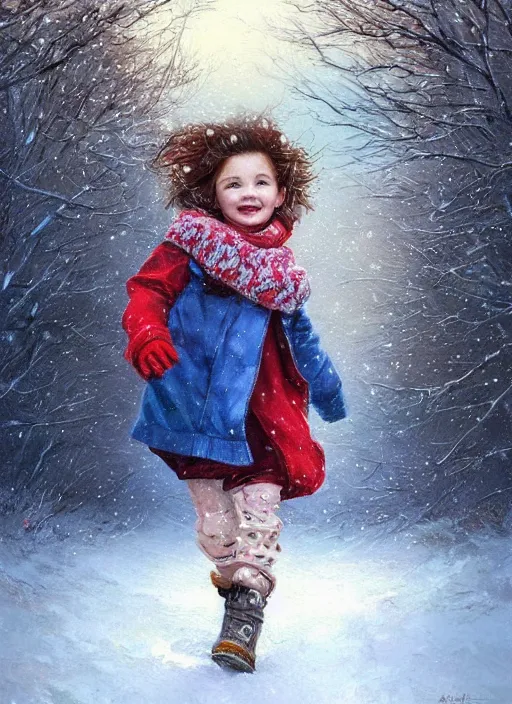 Prompt: a one year old girl with short wavy curly light brown hair and blue eyes wearing colorful winter clothes is running in a snowy field. beautiful painting by artgerm and greg rutkowski