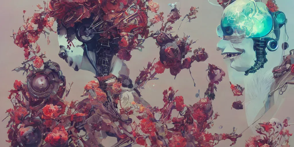 Prompt: surreal gouache painting, by yoshitaka amano, by ruan jia, by conrad roset, by kilian eng, wide angle, by good smile company, detailed anime 3 d render of a mechanical android head with flowers growing out, portrait, cgsociety, artstation, modular patterned mechanical costume and headpiece, retrowave atmosphere