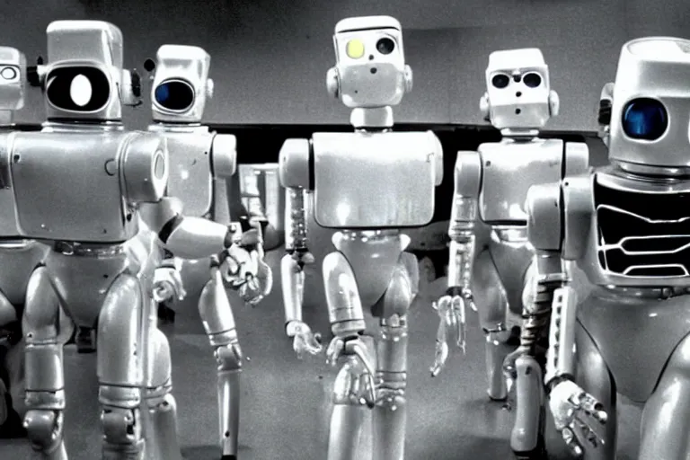 Prompt: a movie still from the 1978 Sci-fi movie The Robots Are Alive featuring Bender from Futurama