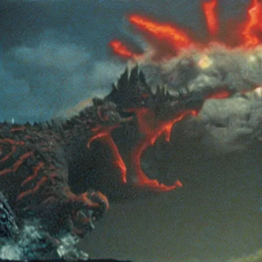 Image similar to wide scenic shot from the David Lynch production of Godzilla vs mechakraken, depicting several kaiju fighting. Cinematic, VHS copy, film grain, 35mm film.