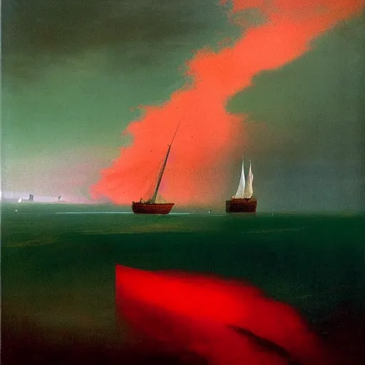 Prompt: minimalist symmetrical red clouds and green ocean in iceland fjord with tall sailboat painting by ivan aivazovsky