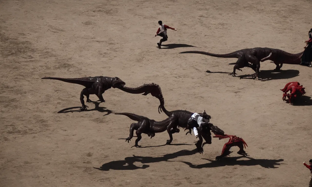 Prompt: a toreador facing off against a t - rex in the plaza de toros, madrid. extreme long shot, midday sun, kodachrome